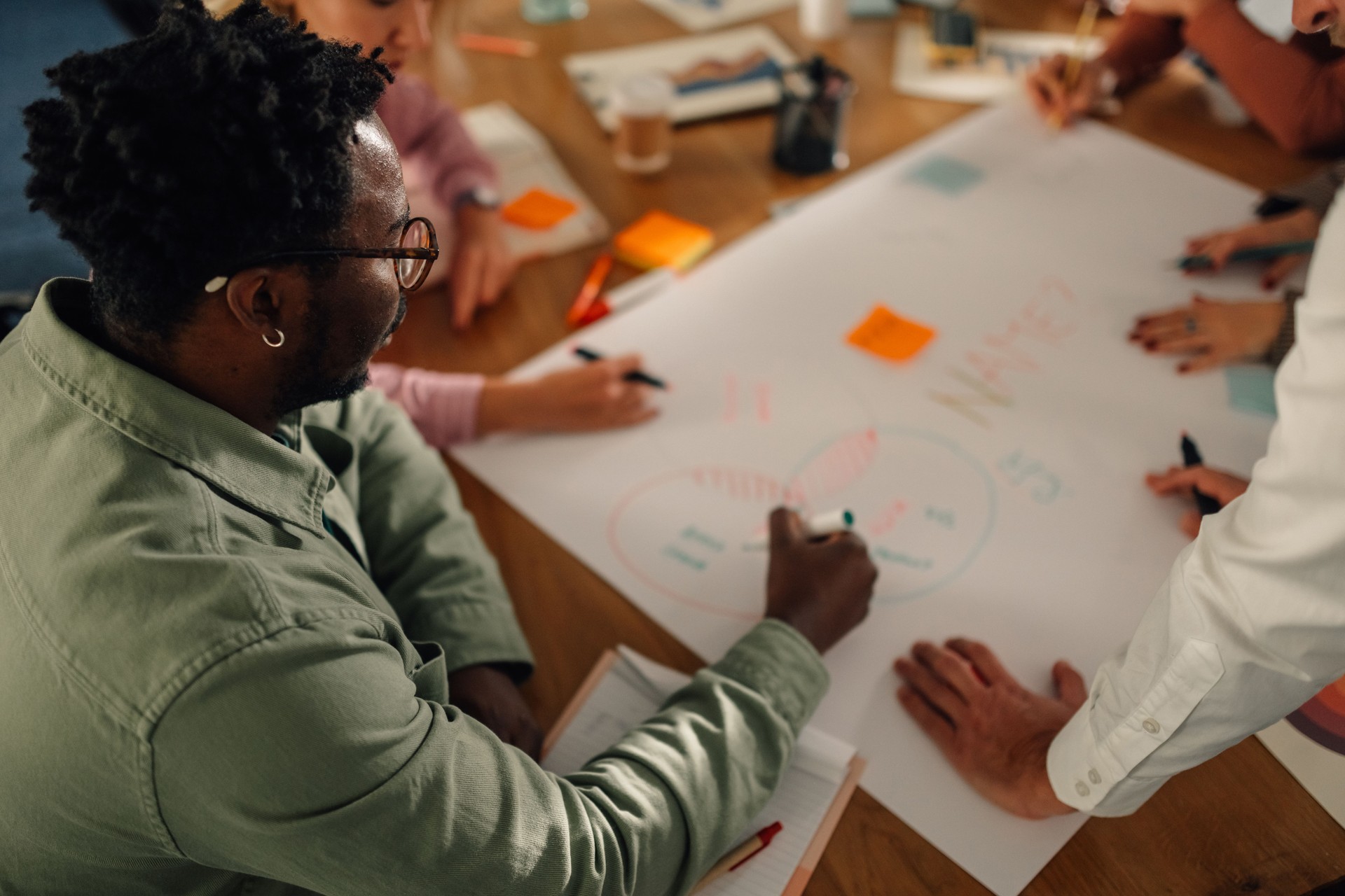 Marketing team drawing venn diagram during brainstorming session